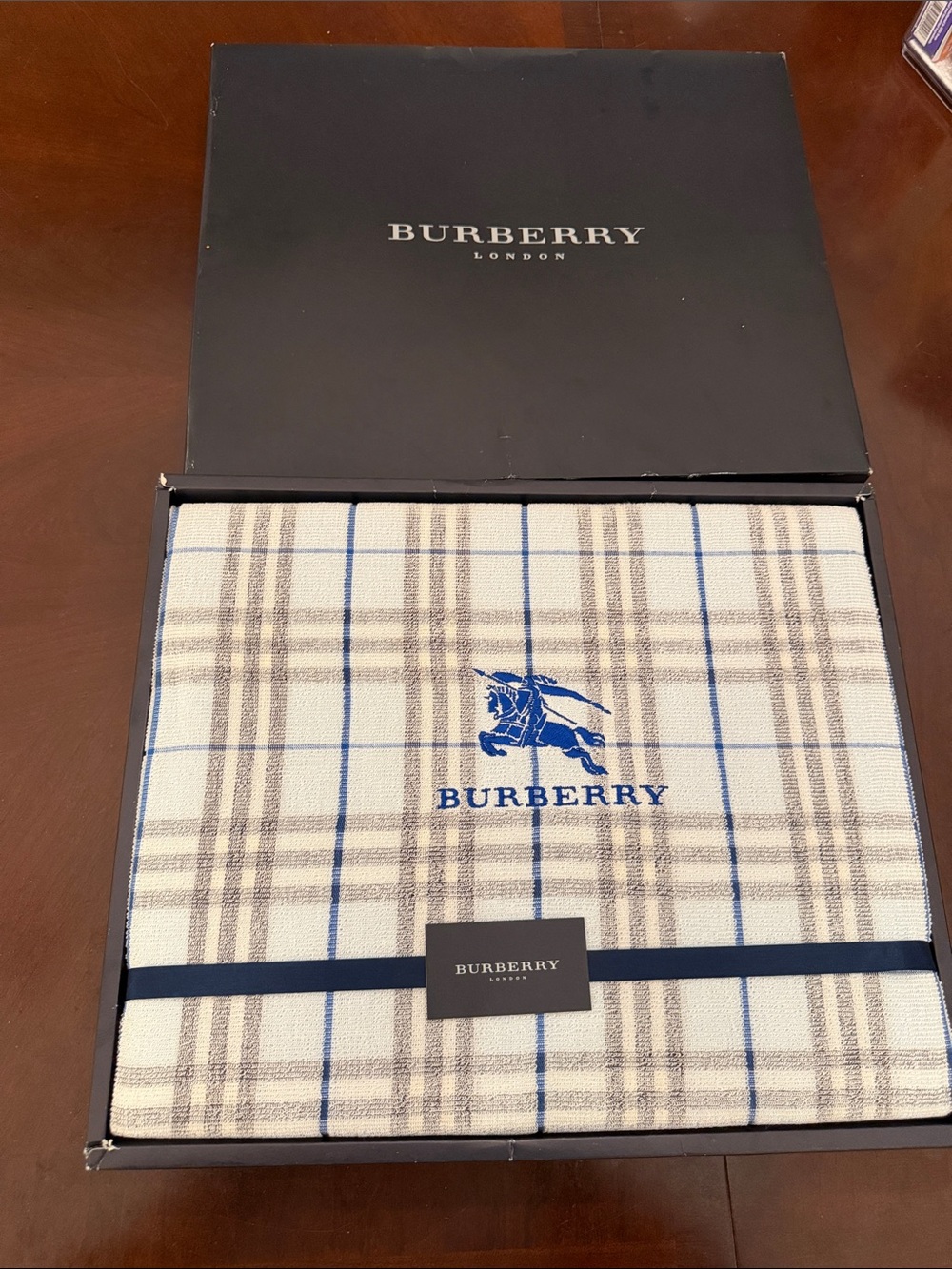 Burberry Cream Plaid Bath Towel with Blue Logo Embroidery
